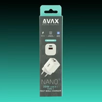 AVAX CH640W NANO+ 30W GaN Hálózati Gyorstöltő adapter USB-C (PD3.0)+ USB A (QC4.0+), fehér
