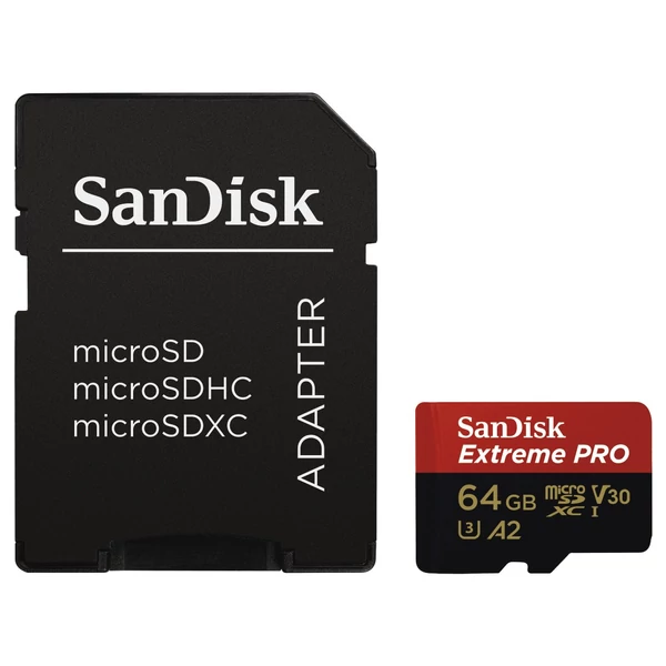 SANDISK MICROSDHC EXTREME PRO KÁRTYA 64GB, 200MB/s C10, V30, UHS-I, U3, A2 (214503) MEMÓRIAKÁRTYA